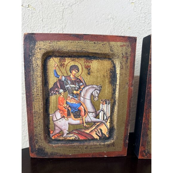 Vtg Saint George Slay the Dragon Horse Religious Art Wooden Wall Hangings Italia - Picture 3 of 10